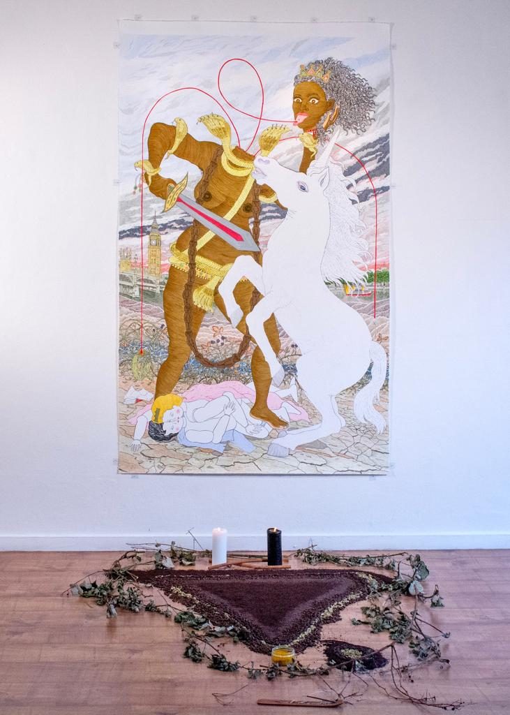 TextaQueen, 'Retribution' installed at 198 Gallery with shrine by Raju Rage and Daniella Valz Gen