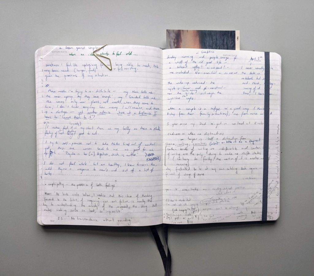 open notebook showing handwriting and postcard used as bookmark