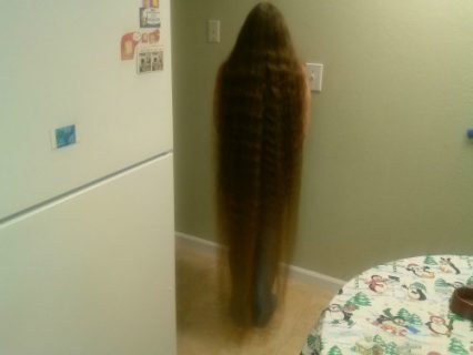 image of the very long hair of a person stood in a kitchen