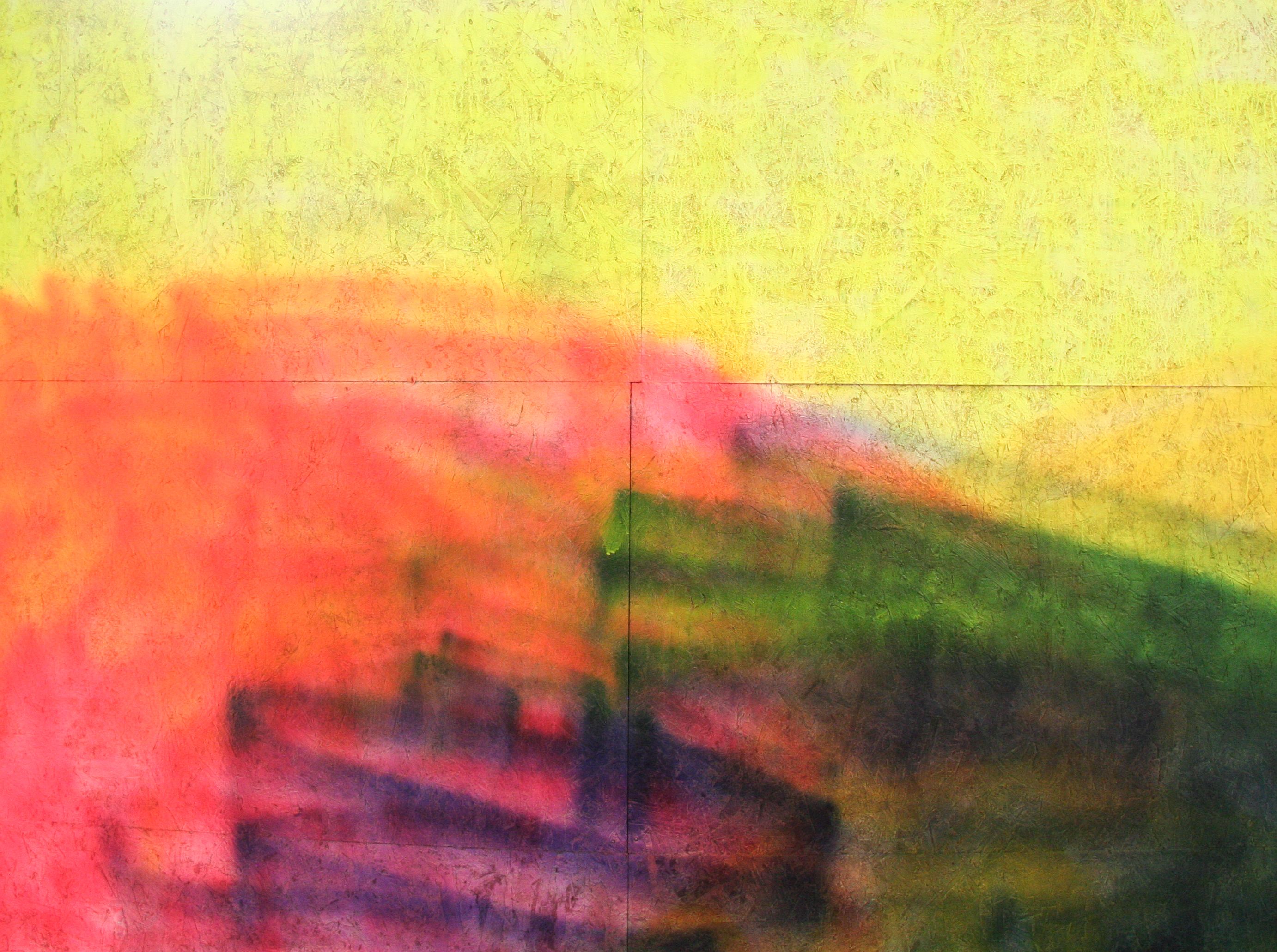 abstract image painted with flourescent yellow, pink, purple and green