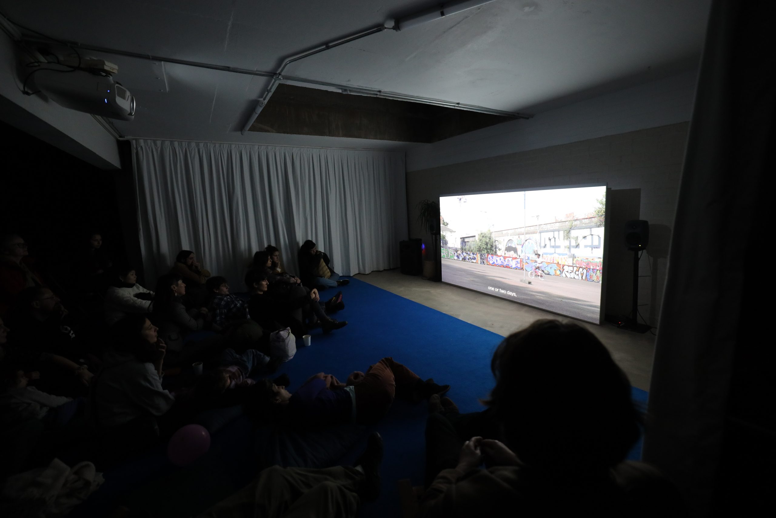 documentation of screening showing projection and viewers seated around the screen