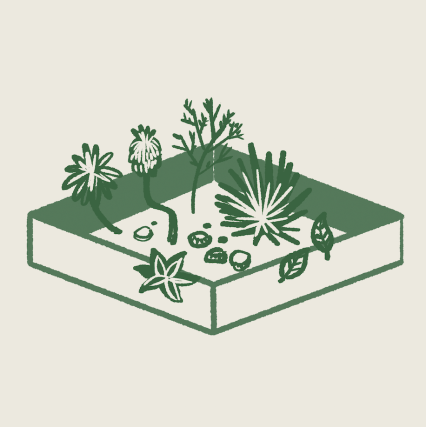 garden logo showing square podium with oversized plants