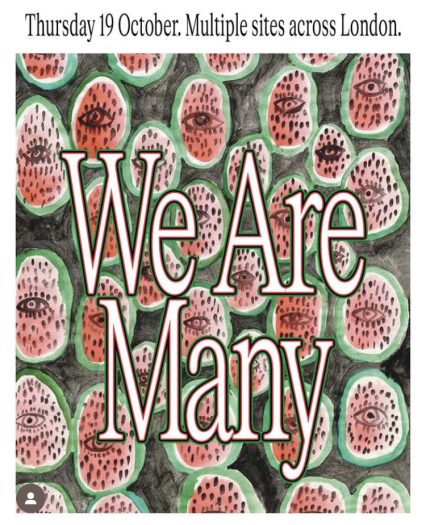 type reading 'we are many' over red white and green watermelon shapes with eyes in their centres looking out